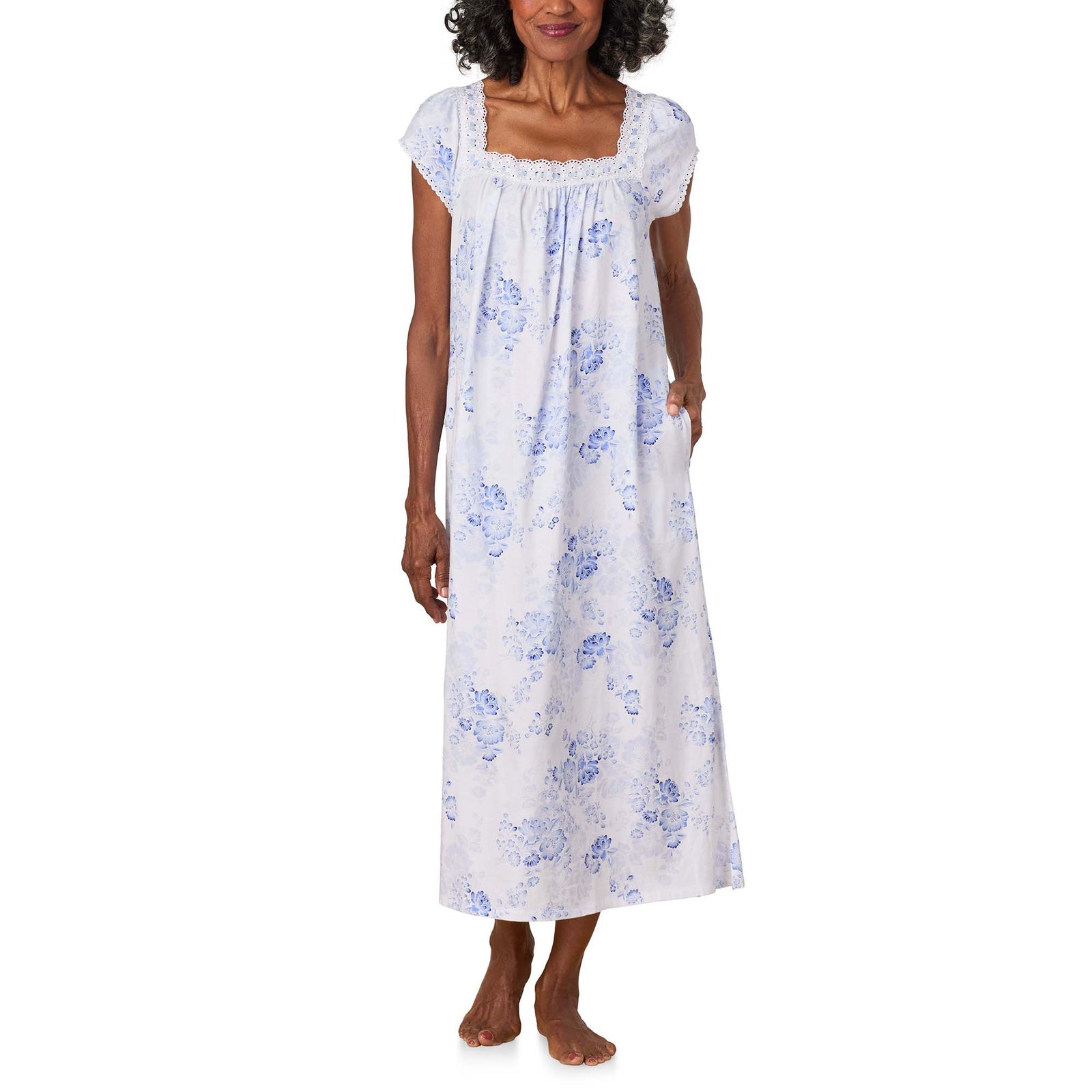 A lady wearing Blue Floral Cotton Jersey Ballet Gown