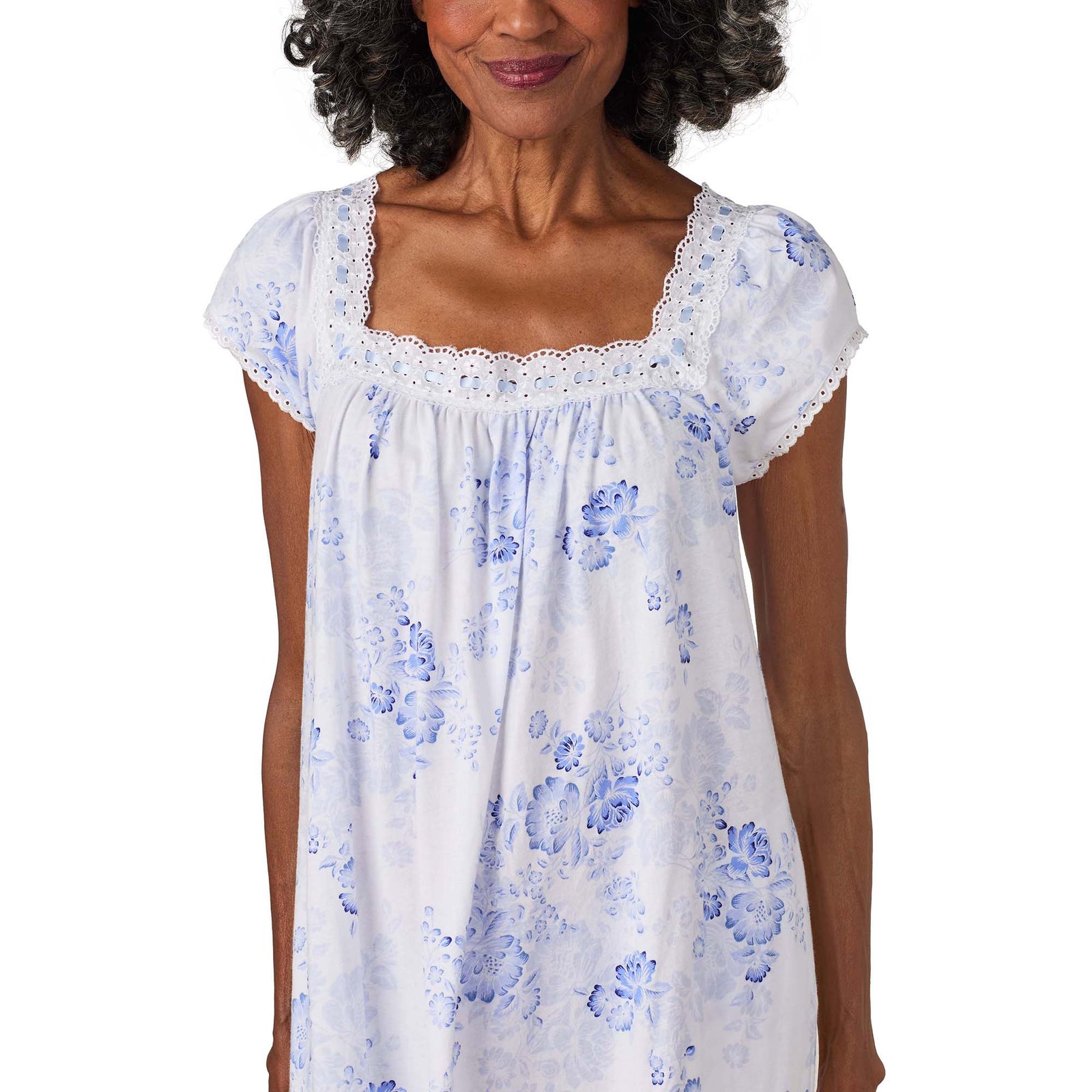 A lady wearing Blue Floral Cotton Jersey Ballet Gown