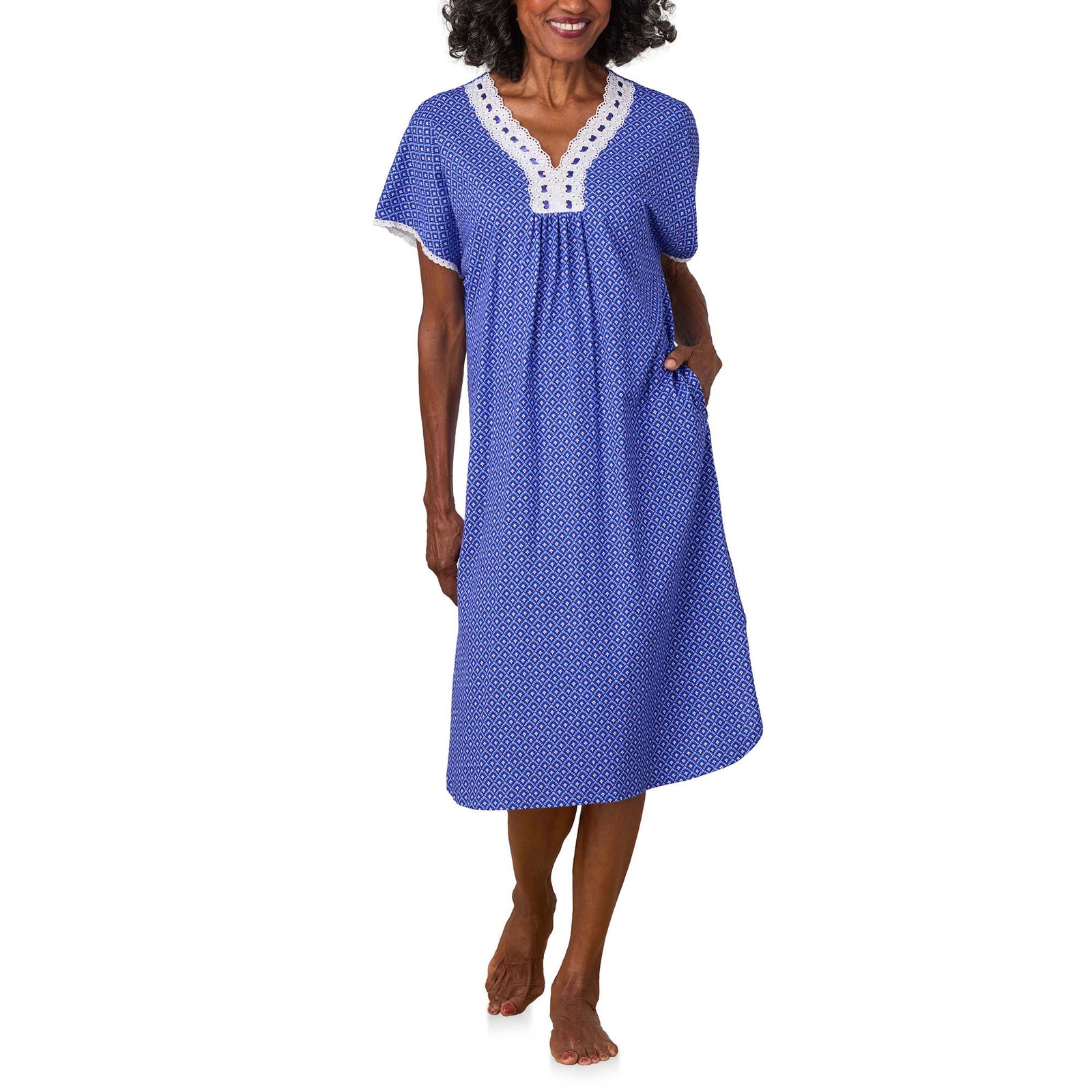 A lady wearing Blue Geo Cotton Jersey Kaftan