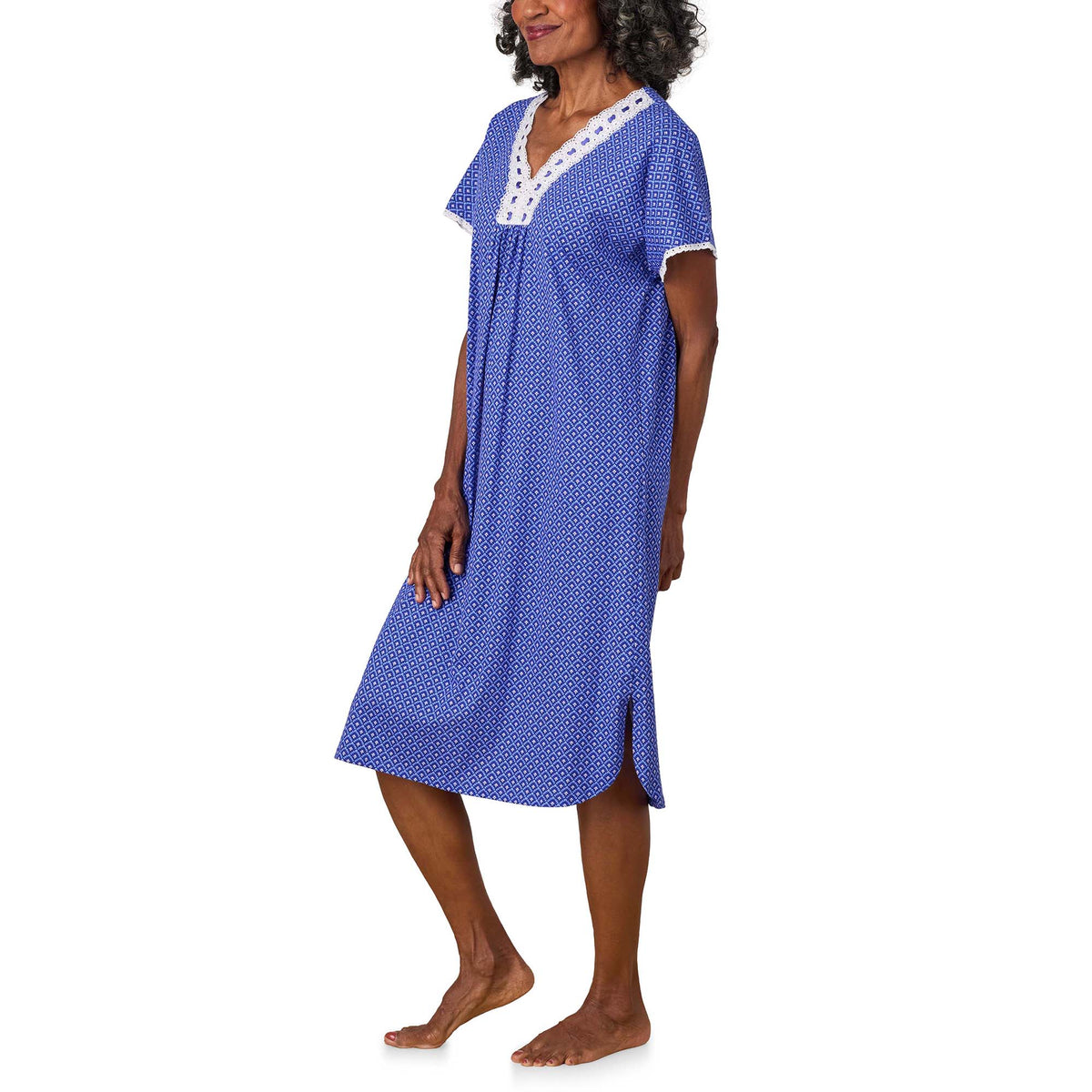 A lady wearing Blue Geo Cotton Jersey Kaftan