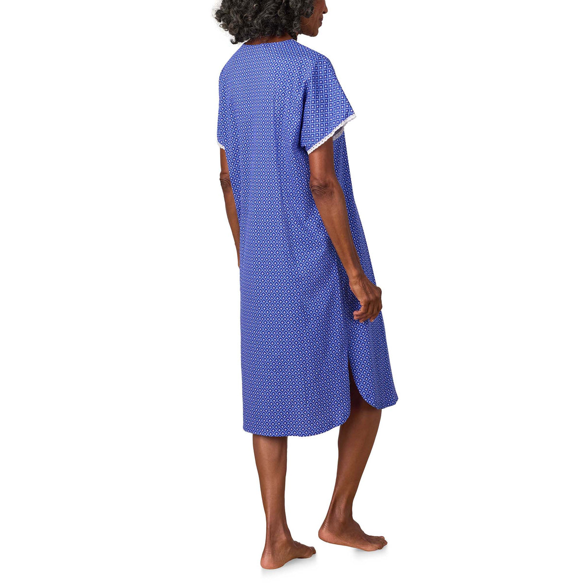 A lady wearing Blue Geo Cotton Jersey Kaftan