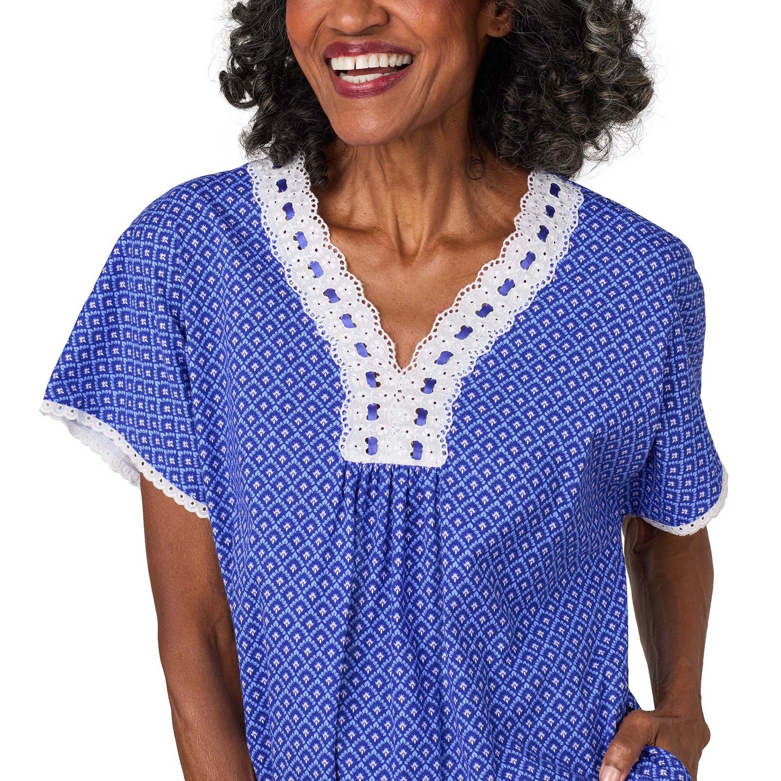 A lady wearing Blue Geo Cotton Jersey Kaftan