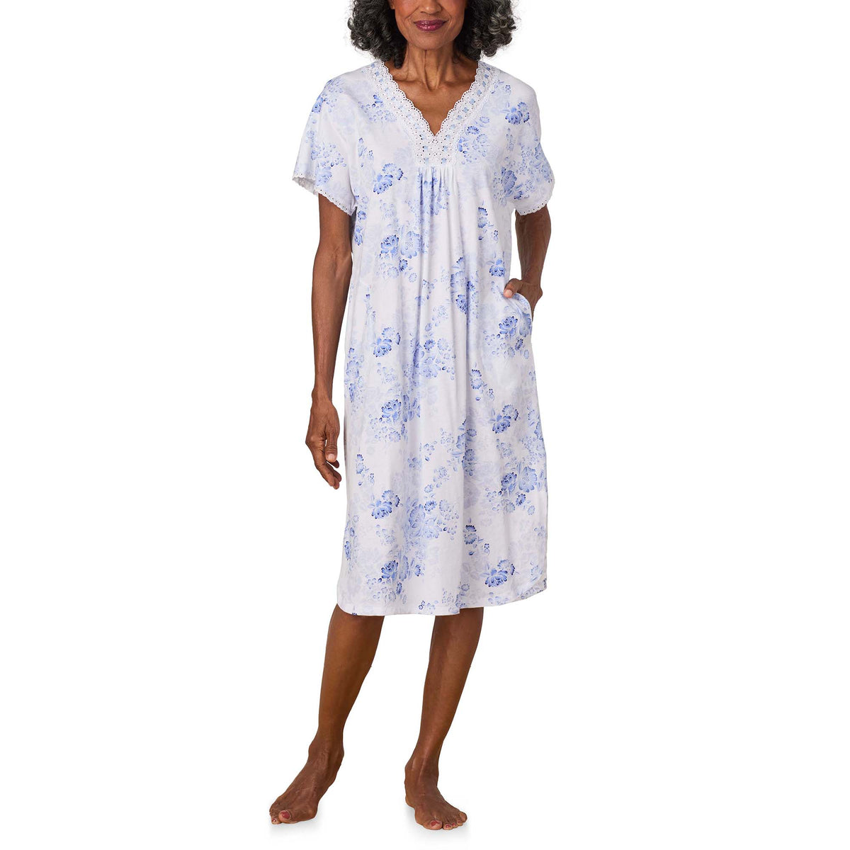A lady wearing Blue Floral Cotton Jersey Kaftan