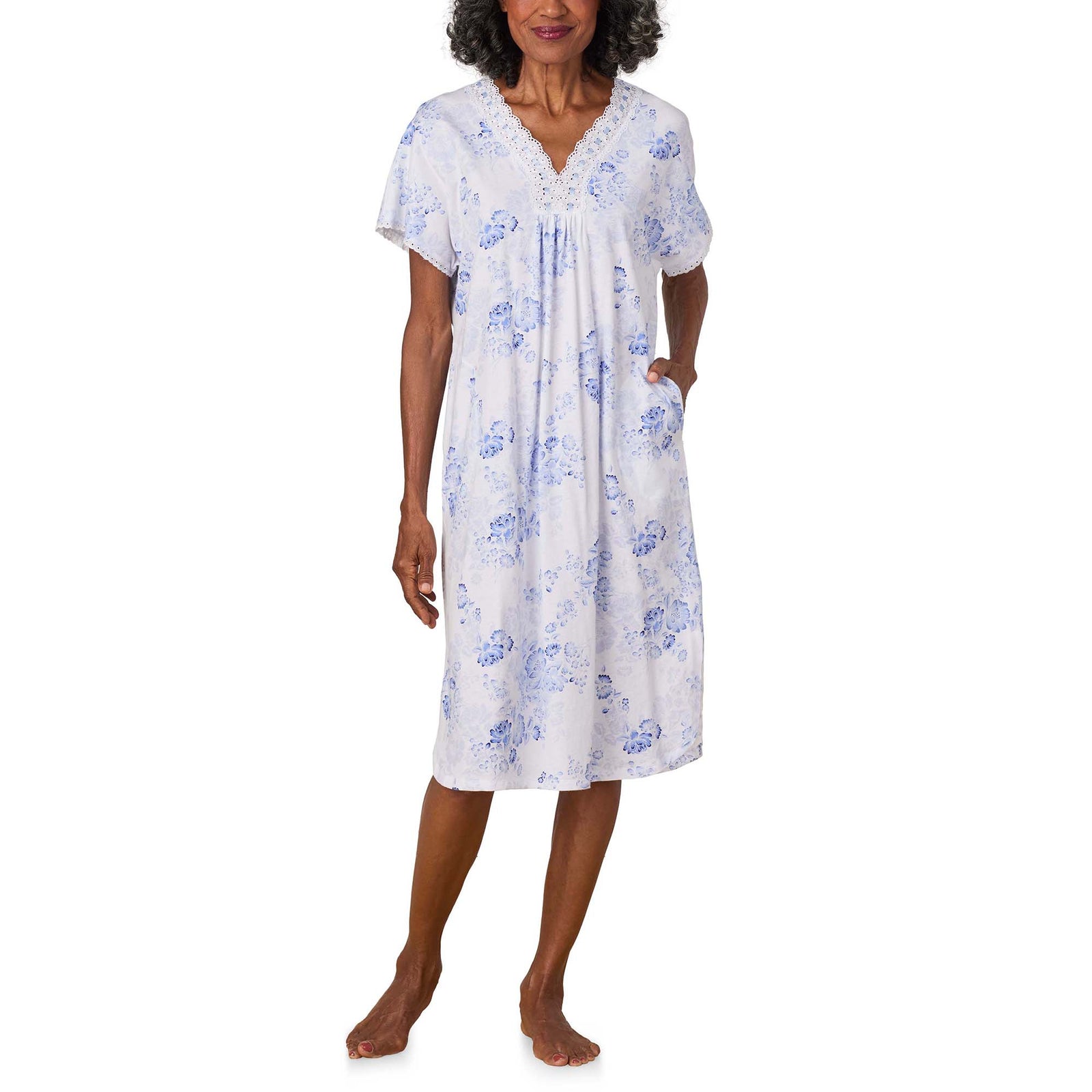 A lady wearing Blue Floral Cotton Jersey Kaftan