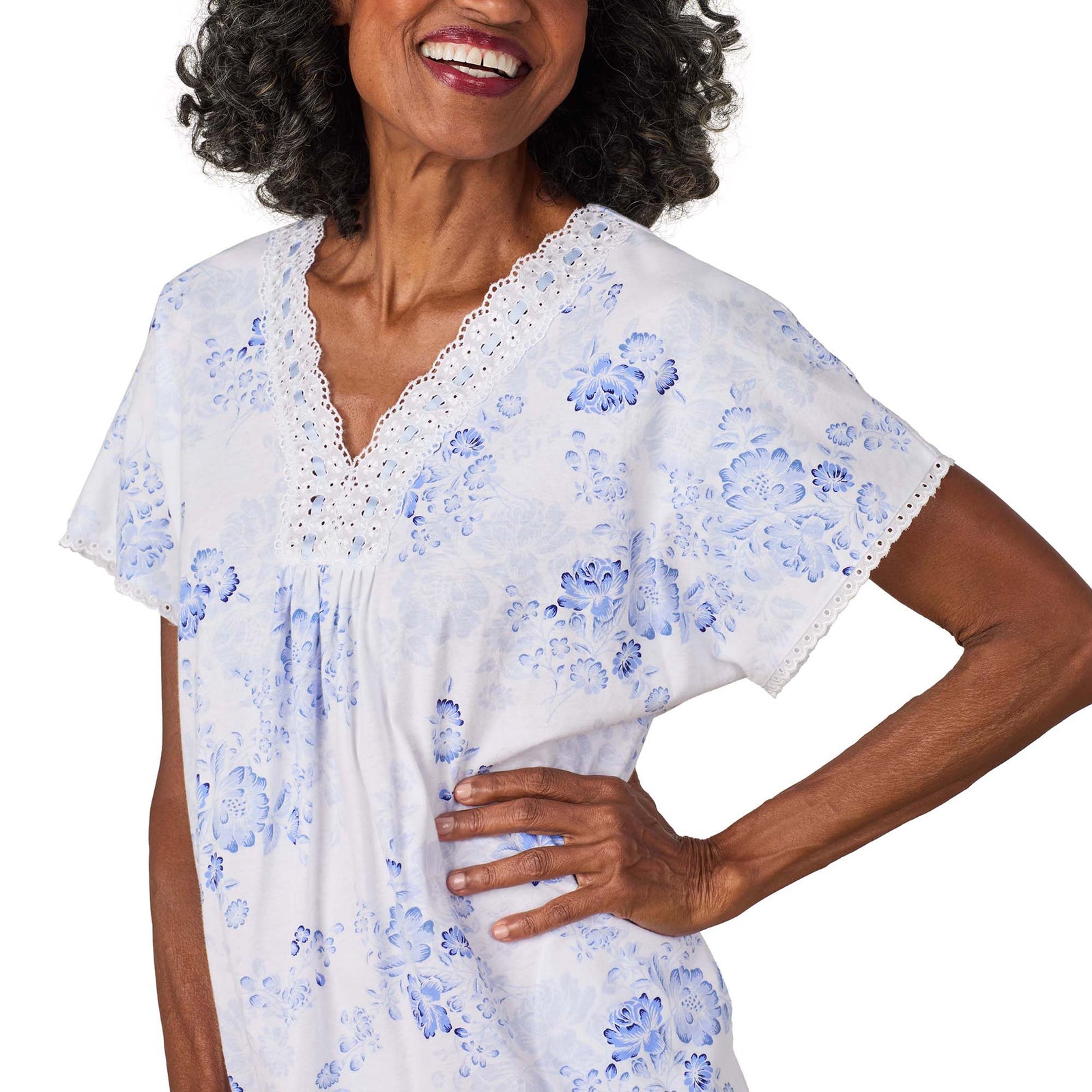 A lady wearing Blue Floral Cotton Jersey Kaftan