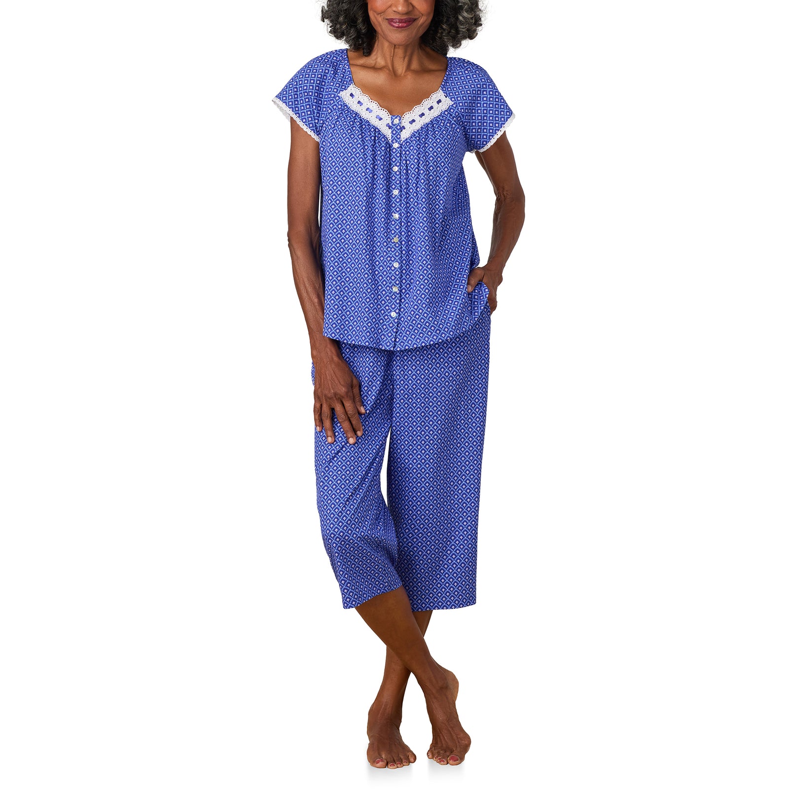 A lady wearing Blue Geo Cotton Jersey Capri PJ Set