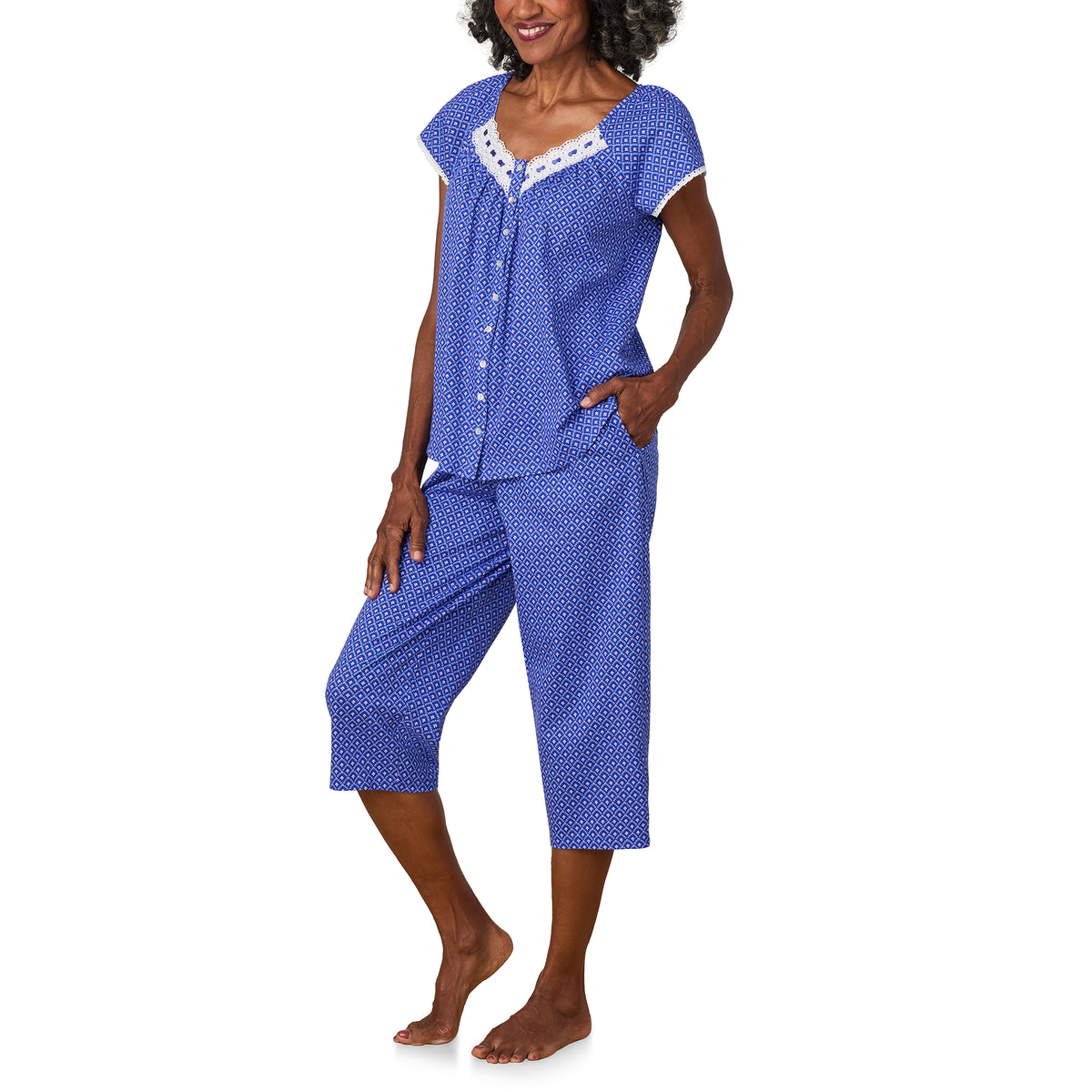 A lady wearing Blue Geo Cotton Jersey Capri PJ Set