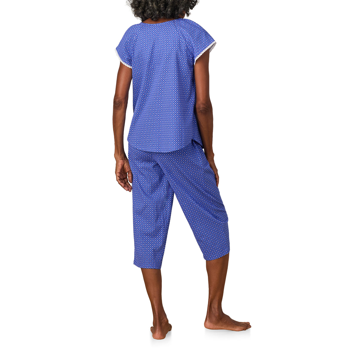A lady wearing Blue Geo Cotton Jersey Capri PJ Set