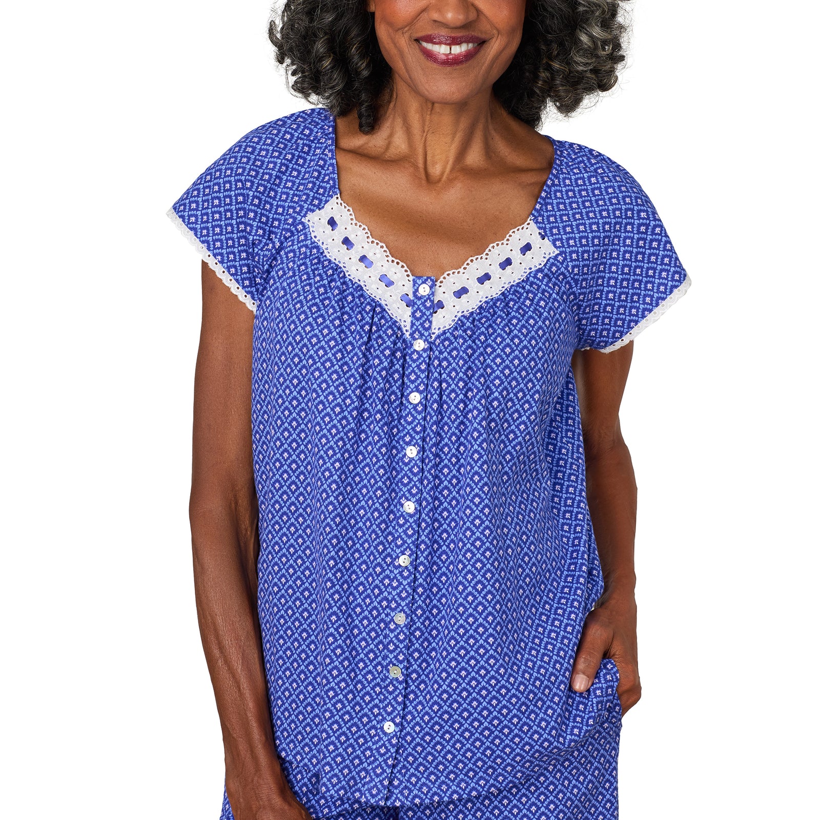 A lady wearing Blue Geo Cotton Jersey Capri PJ Set