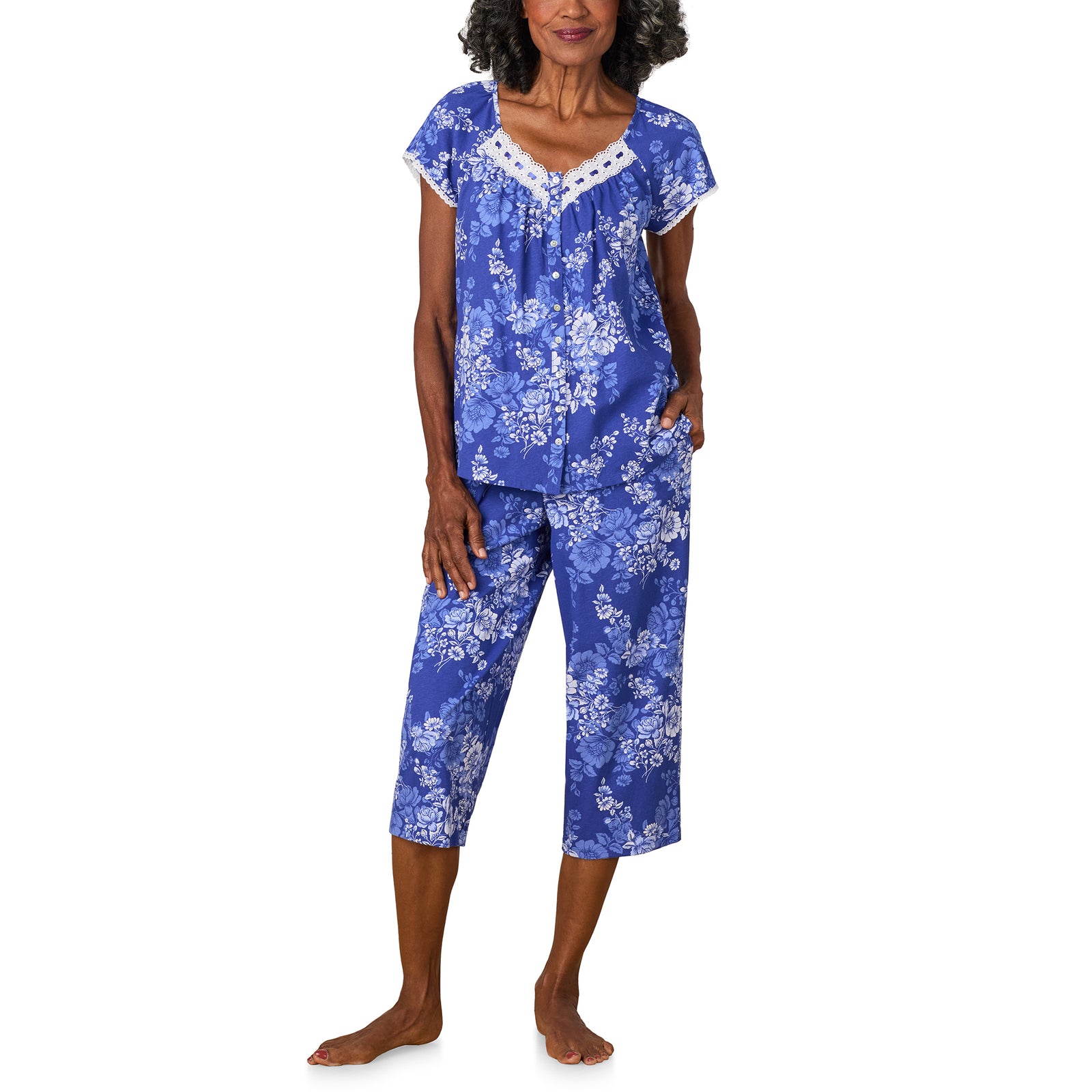 A lady wearing Midnight Blooms Cotton Jersey Capri PJ Set