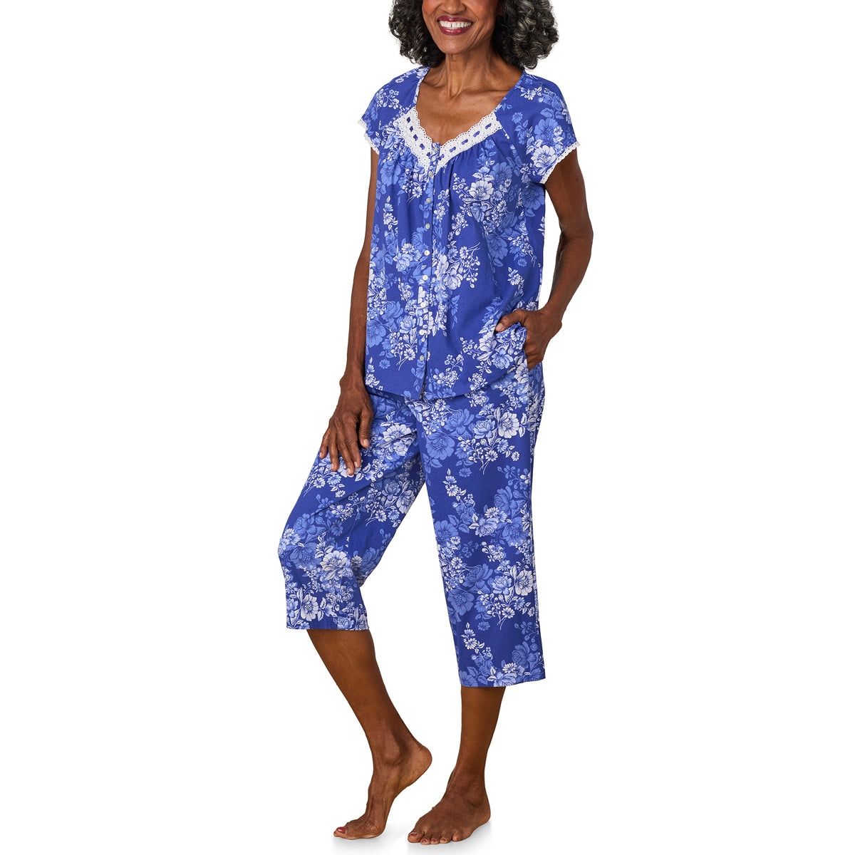 A lady wearing Midnight Blooms Cotton Jersey Capri PJ Set