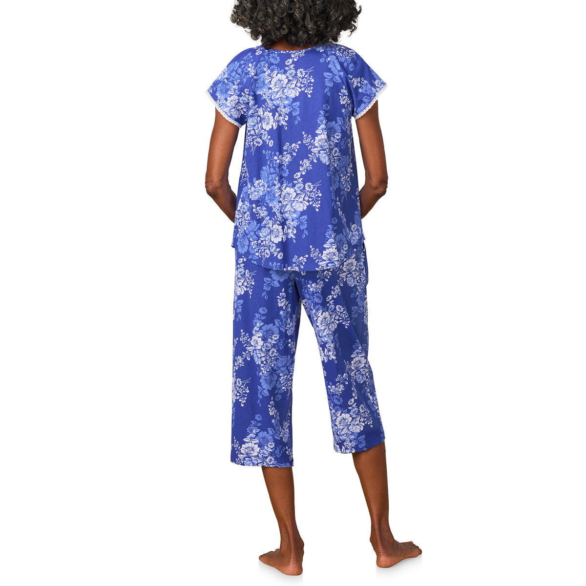 A lady wearing Midnight Blooms Cotton Jersey Capri PJ Set