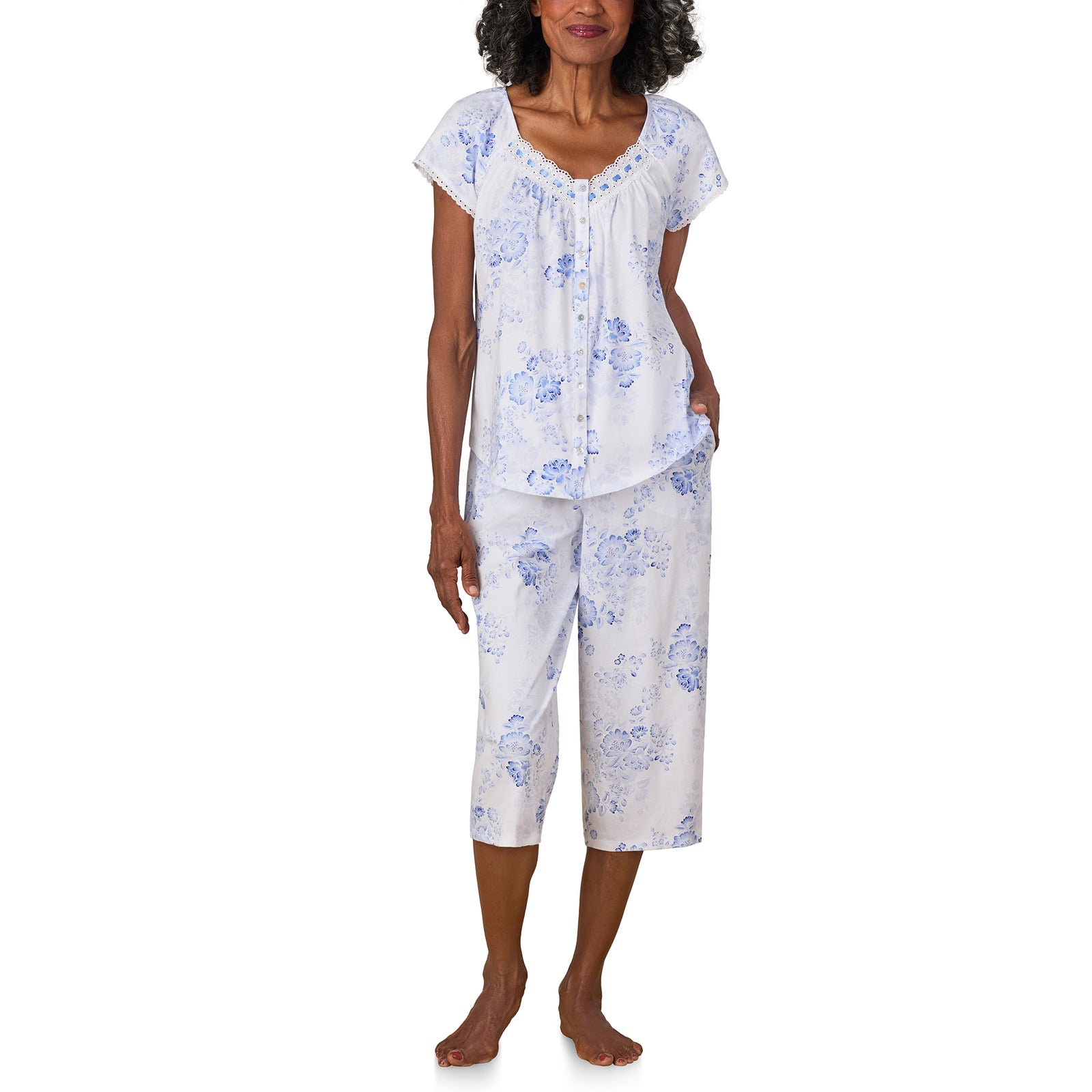 A lady wearing Blue Floral Cotton Jersey Capri PJ Set