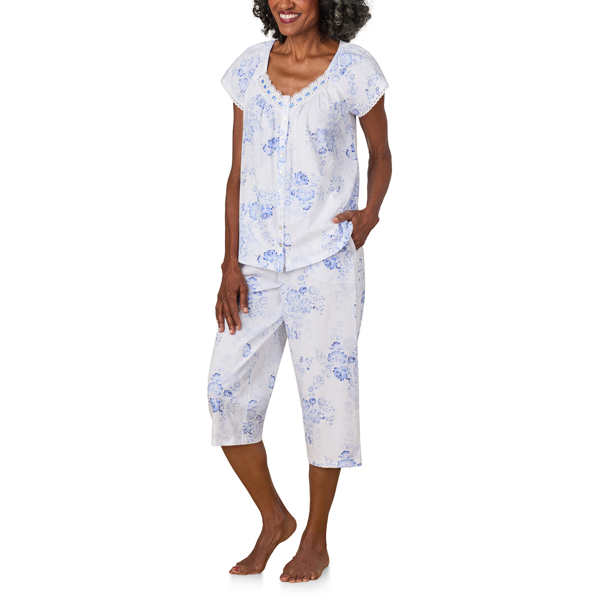 A lady wearing Blue Floral Cotton Jersey Capri PJ Set