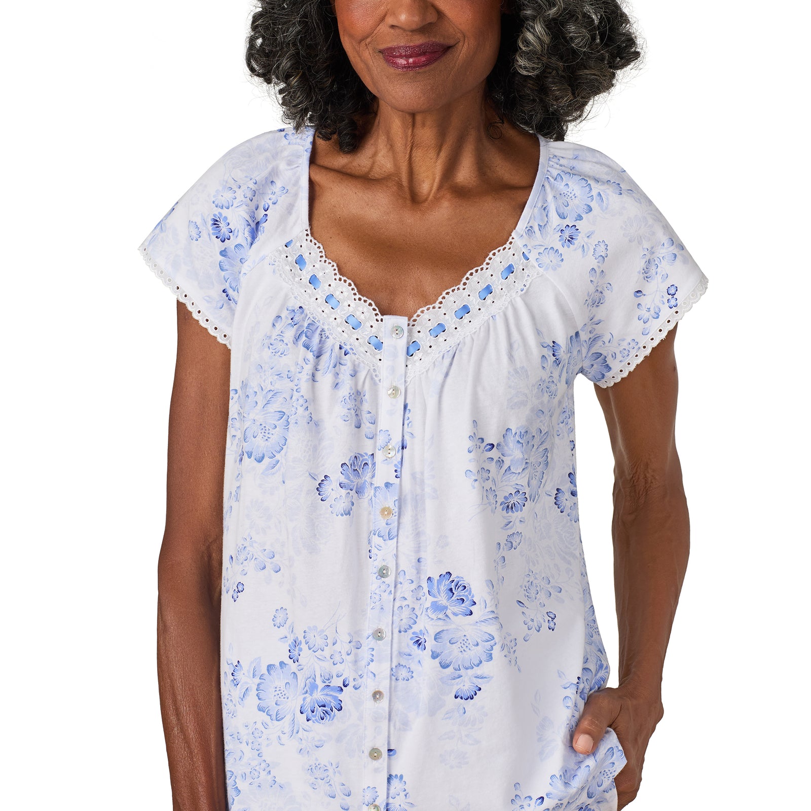 A lady wearing Blue Floral Cotton Jersey Capri PJ Set