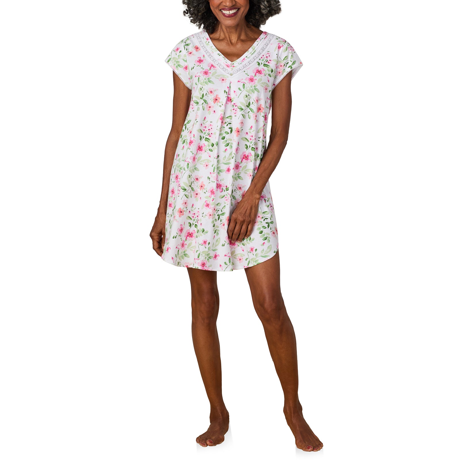 A lady wearing Cottage Dream Short Nightshirt