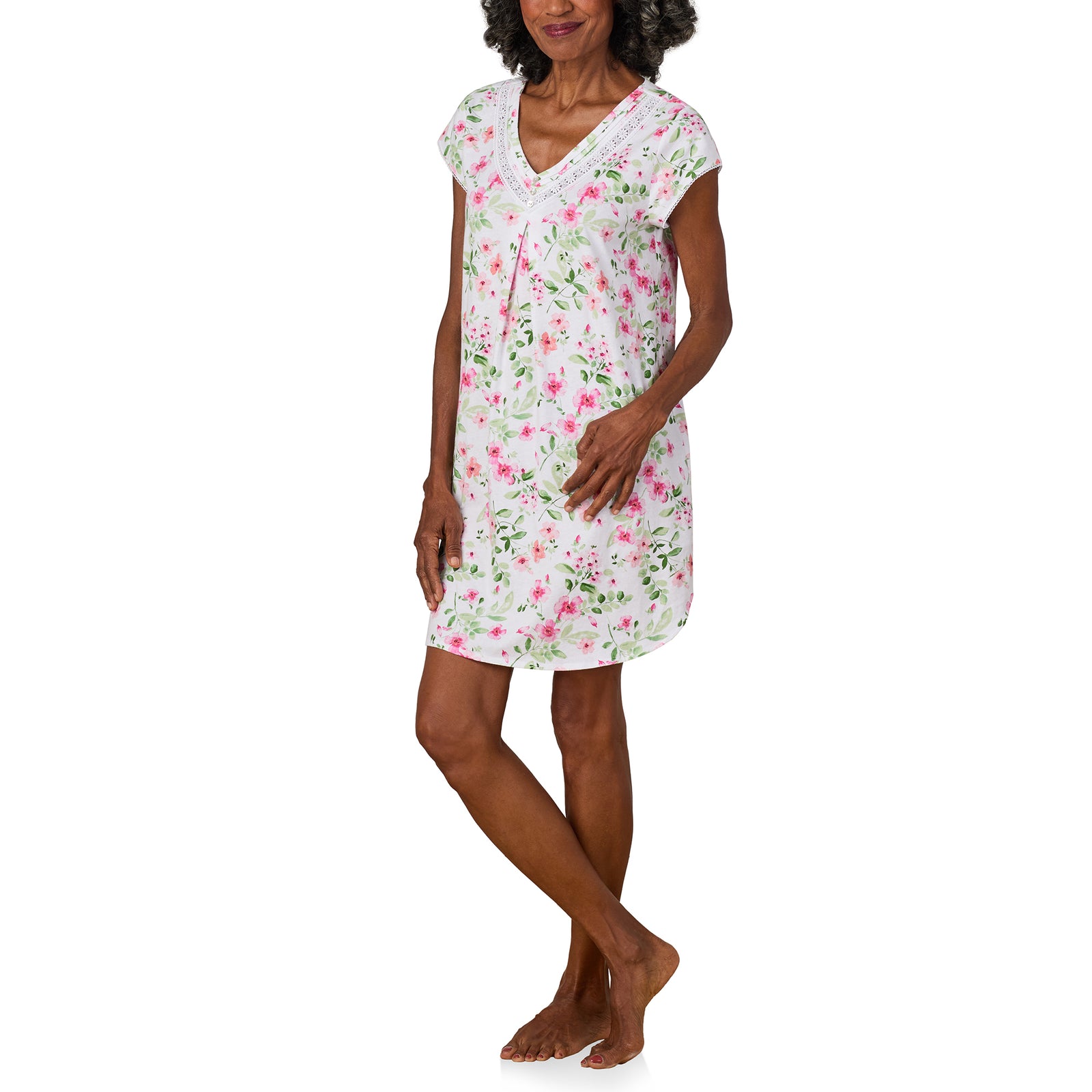 A lady wearing Cottage Dream Short Nightshirt