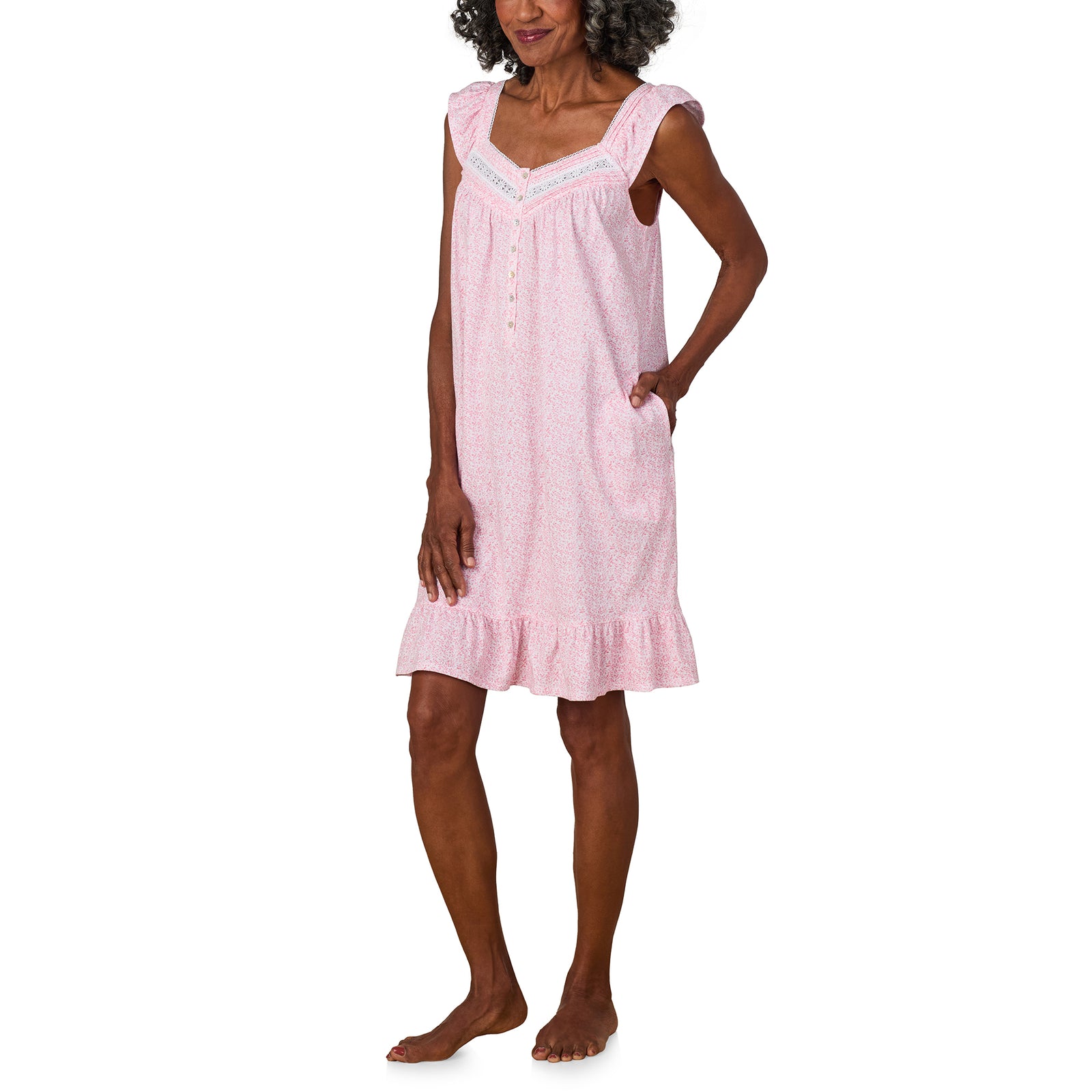 A lady wearing Cloral Leaf Cotton Short Chemise