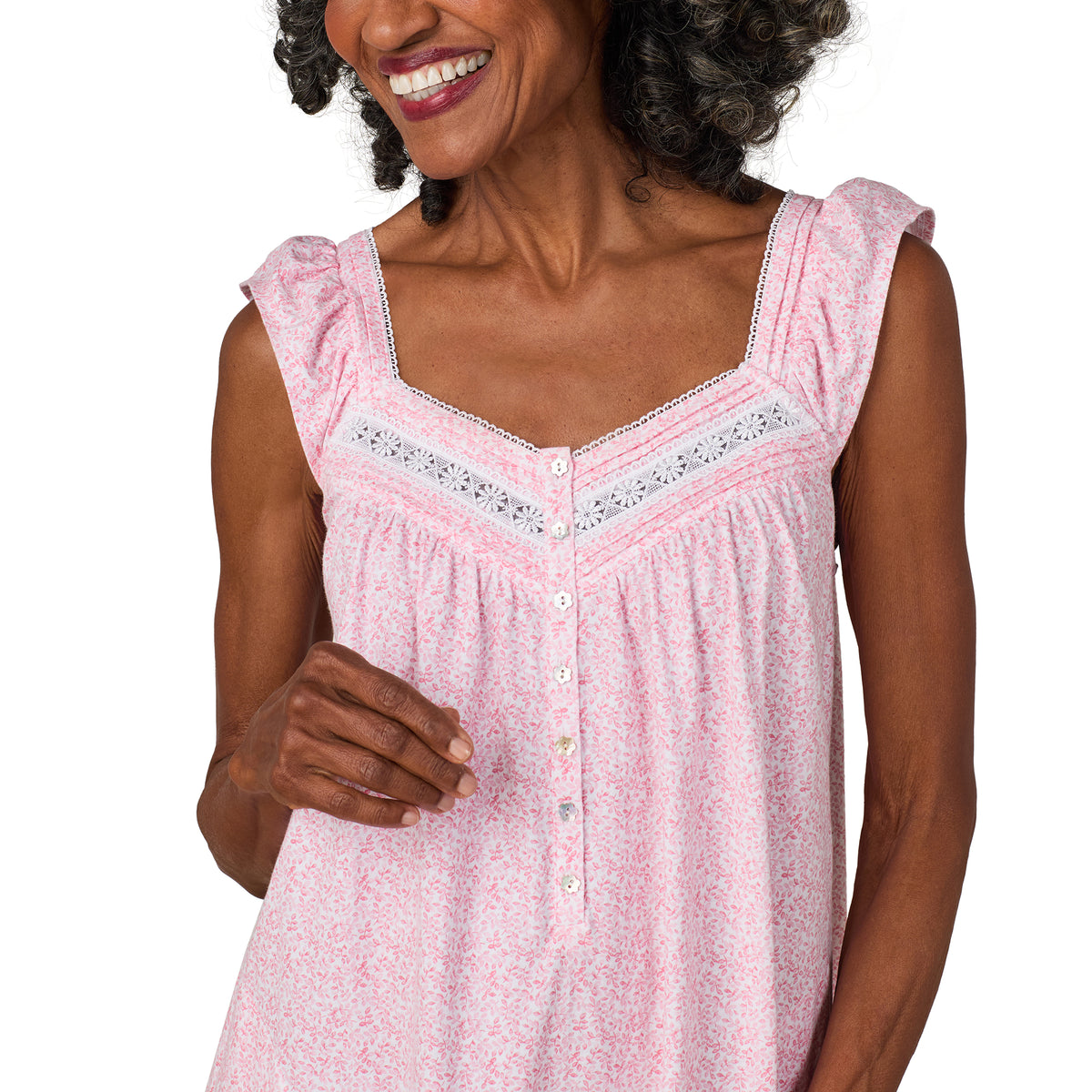 A lady wearing Cloral Leaf Cotton Short Chemise