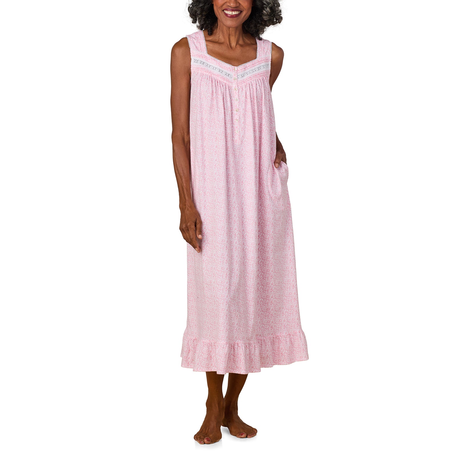 A lady wearing Coral Leaf Cotton Ballet Nightgown