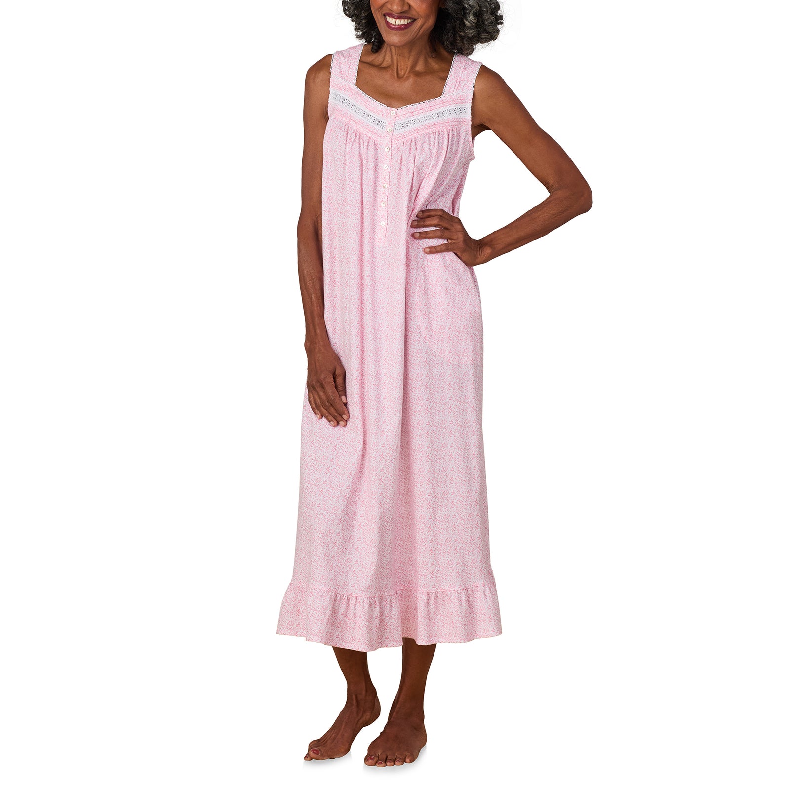 A lady wearing Coral Leaf Cotton Ballet Nightgown