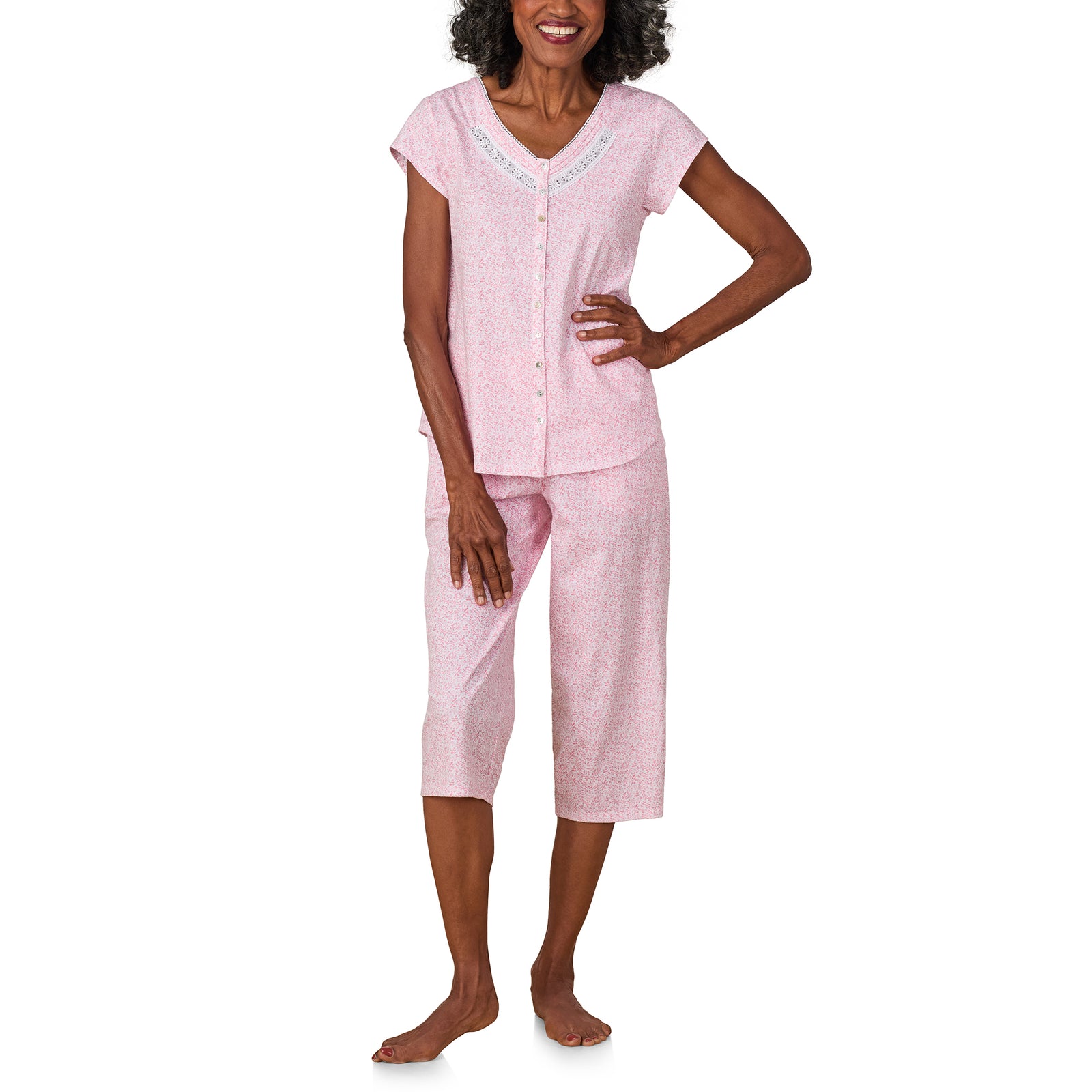 A lady wearing Coral Leaf Cotton Capri PJ Set
