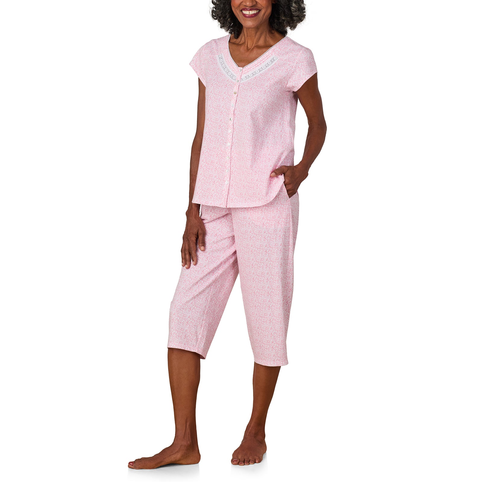 A lady wearing Coral Leaf Cotton Capri PJ Set