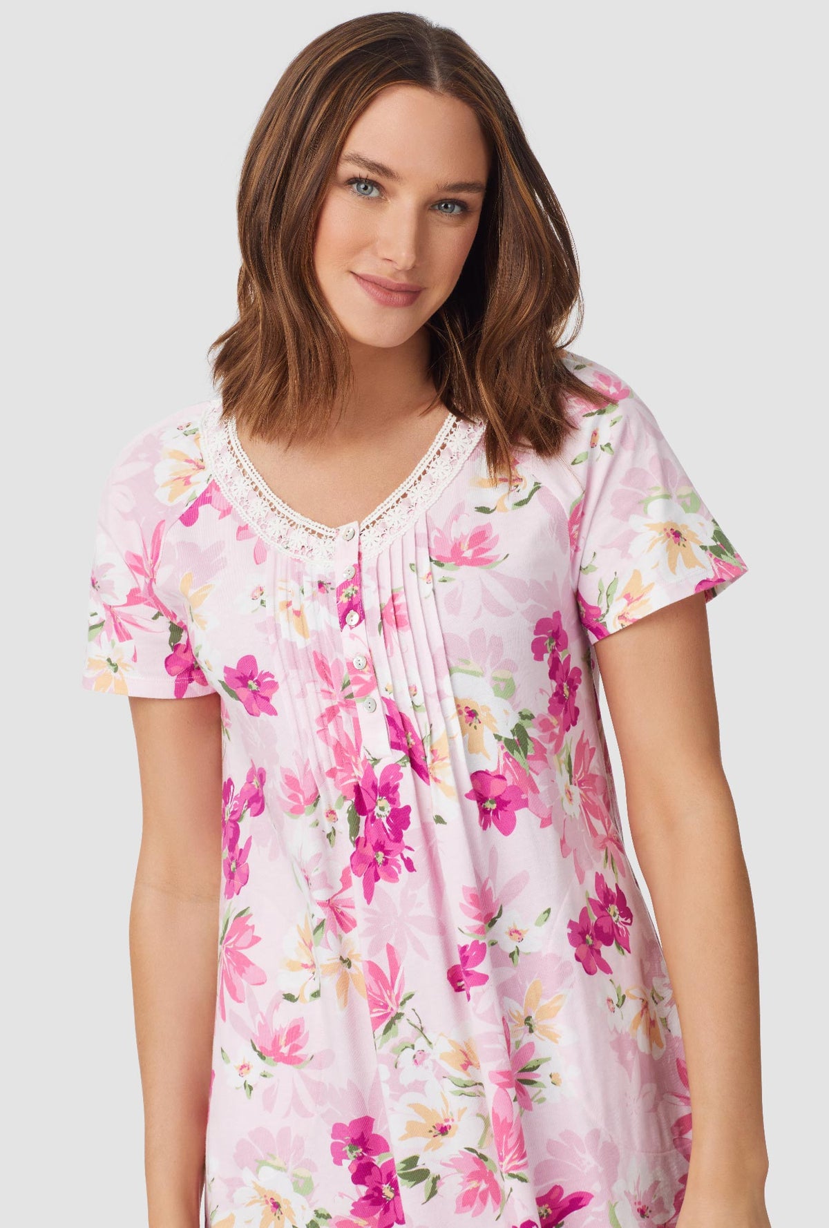 White and Magenta Floral Short Sleeve Nightshirt
