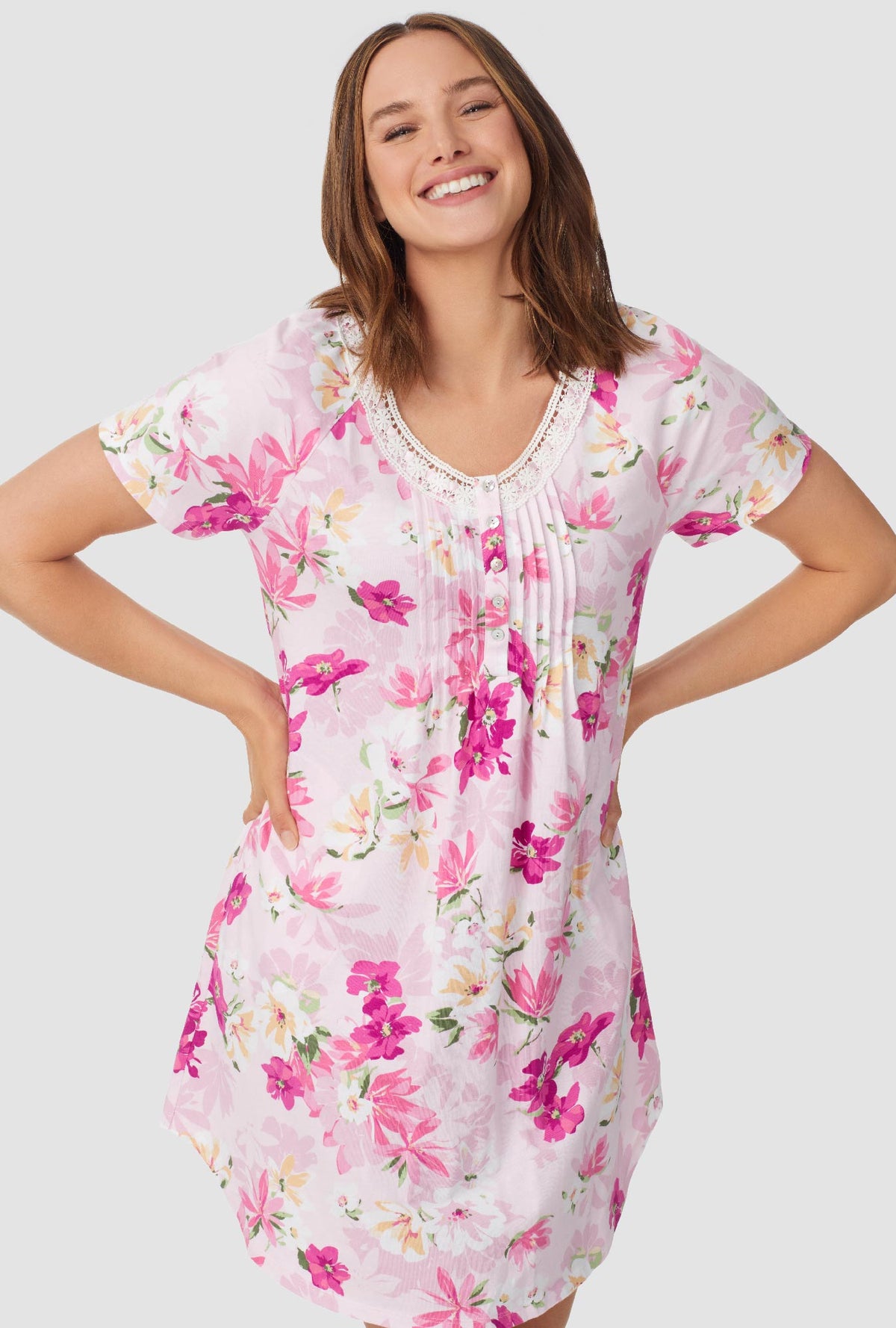 White and Magenta Floral Short Sleeve Nightshirt
