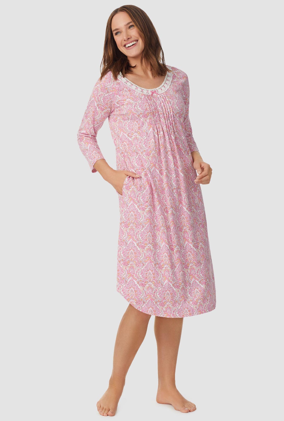 Pink and Grey Damask 3/4 Sleeve Nightgown