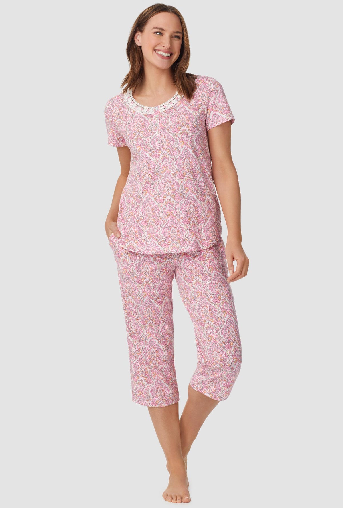 Pink and Grey Damask Short Sleeve Capri Pant PJ Set