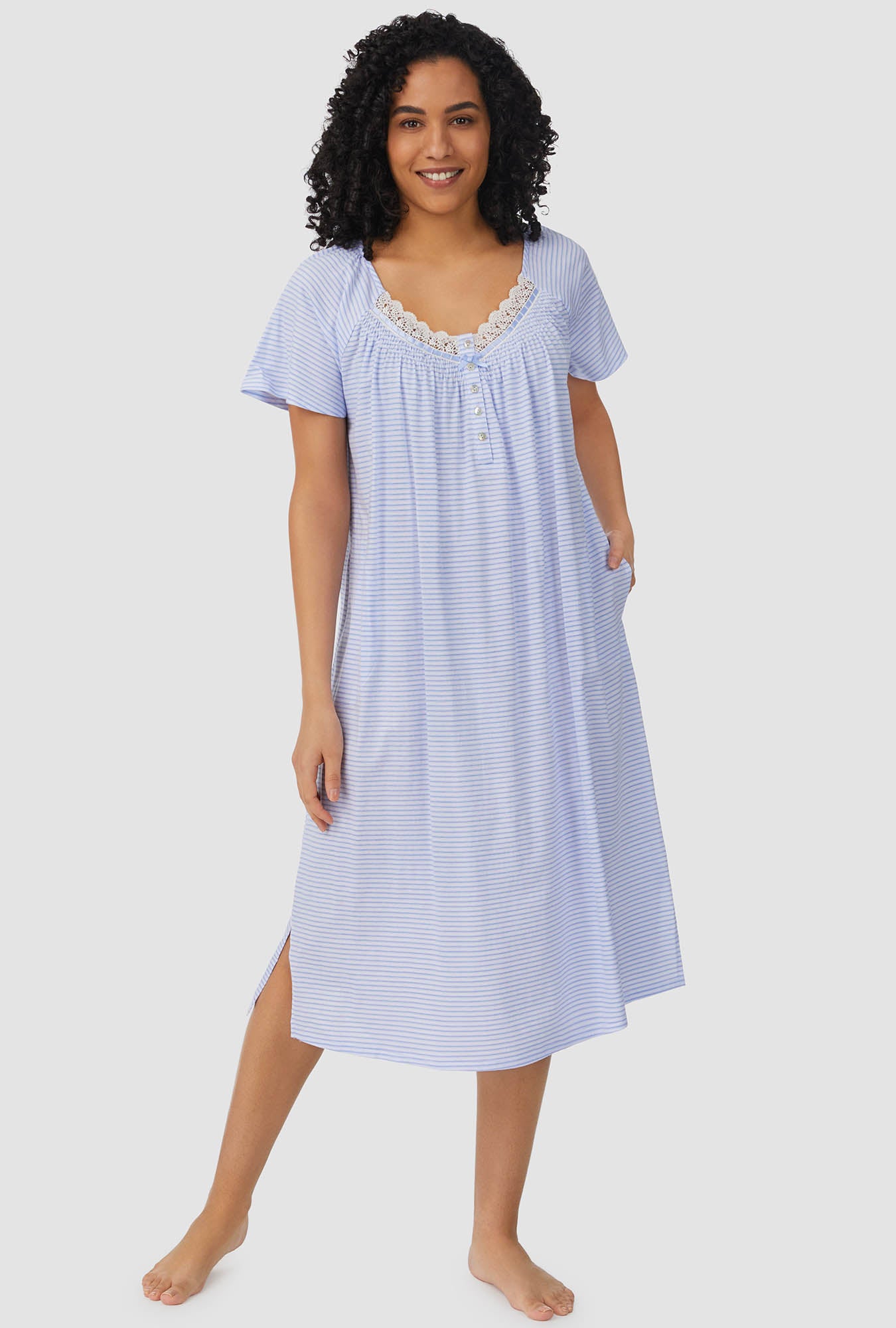 Blue Horizontal Stripe Short Sleeve Nightgown - Aria Sleepwear