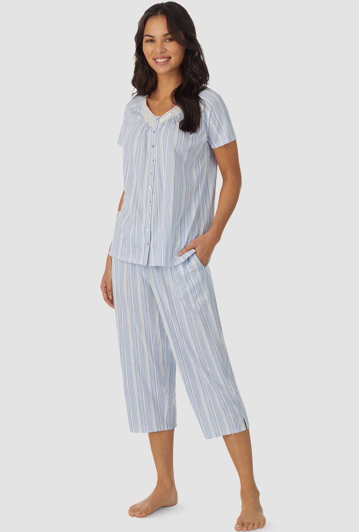 Blue Stripe Short Sleeve Capri Pant PJ Set