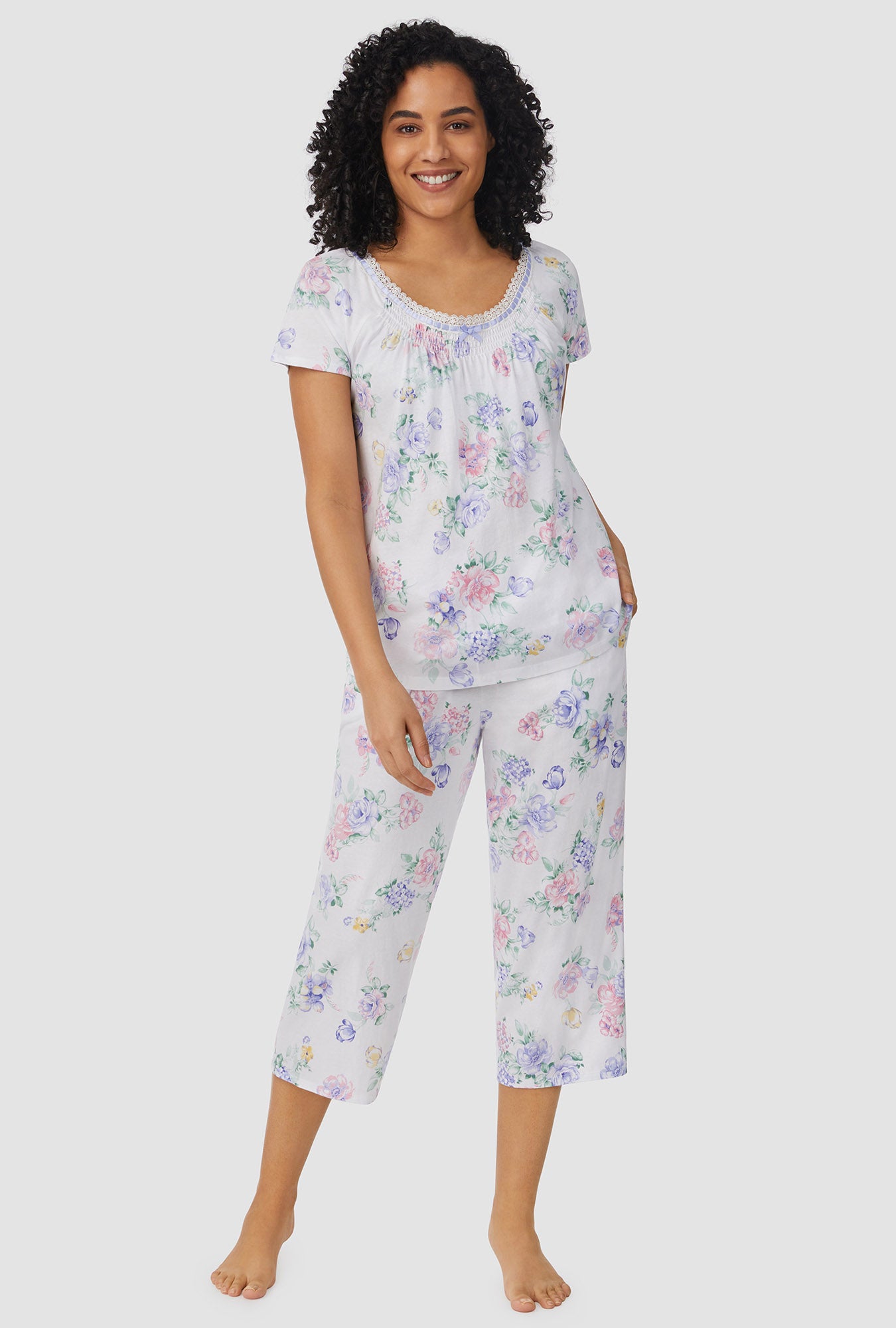 Blue and Pink Roses Cap Sleeve Capri PJ Set - Aria Sleepwear